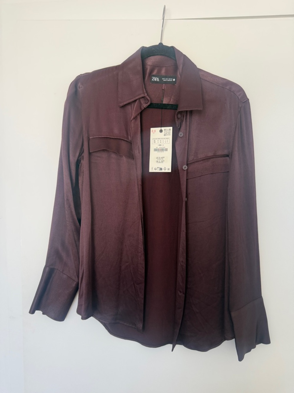 Zara Satin Button-Up Shirt in Burgundy